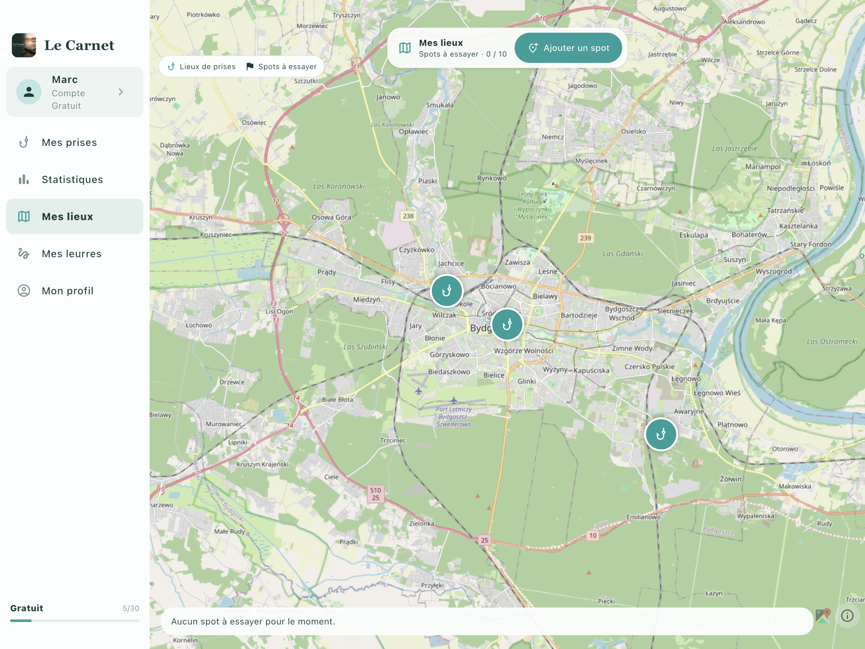 Carte Zanpico avec plusieurs lieux de prises autour de Bydgoszcz